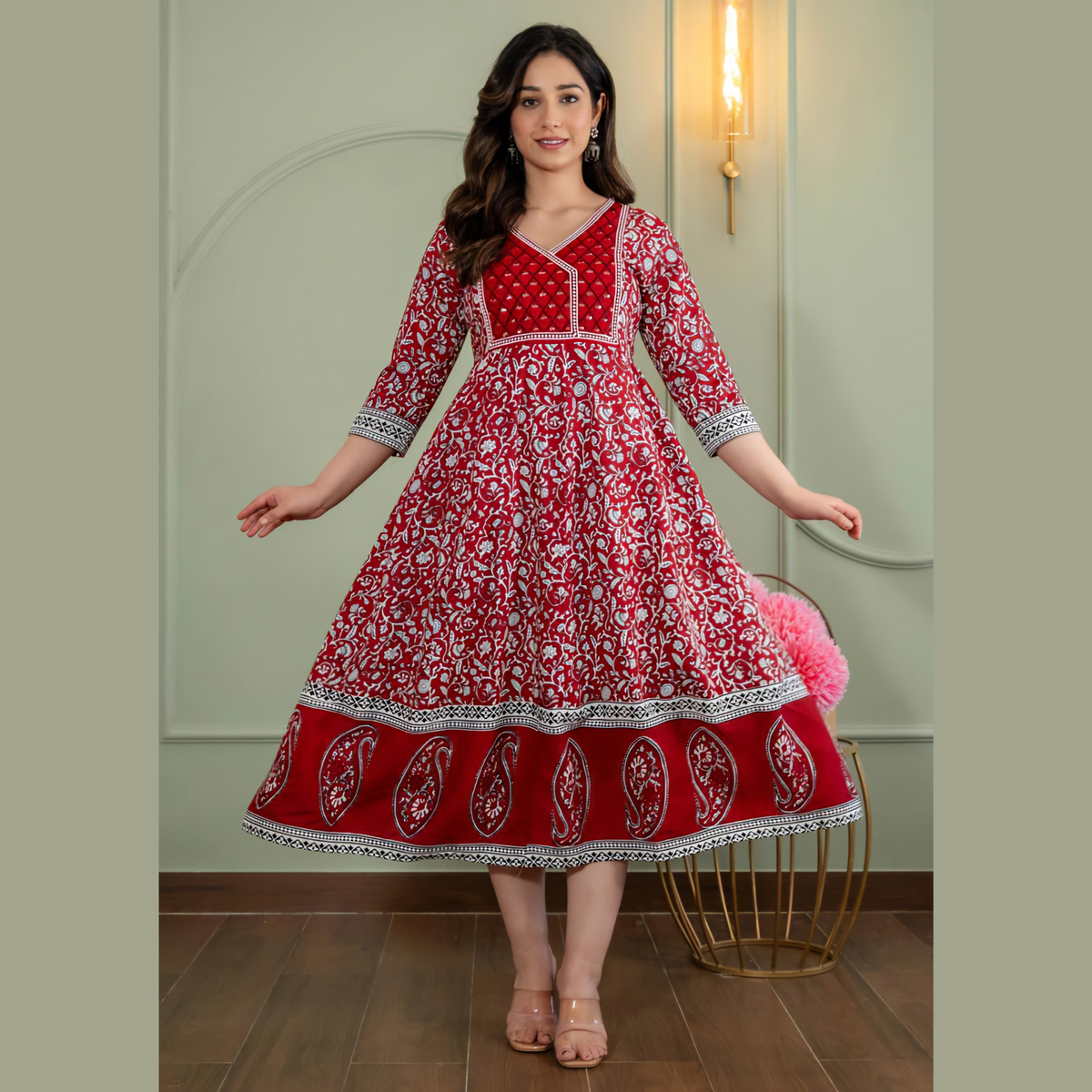Red Ethnic Printed Anarkali Kurti for Women _ Traditional Motifs & Border Design