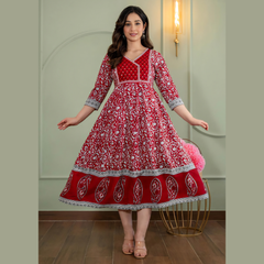 Red Ethnic Printed Anarkali Kurti for Women _ Traditional Motifs & Border Design