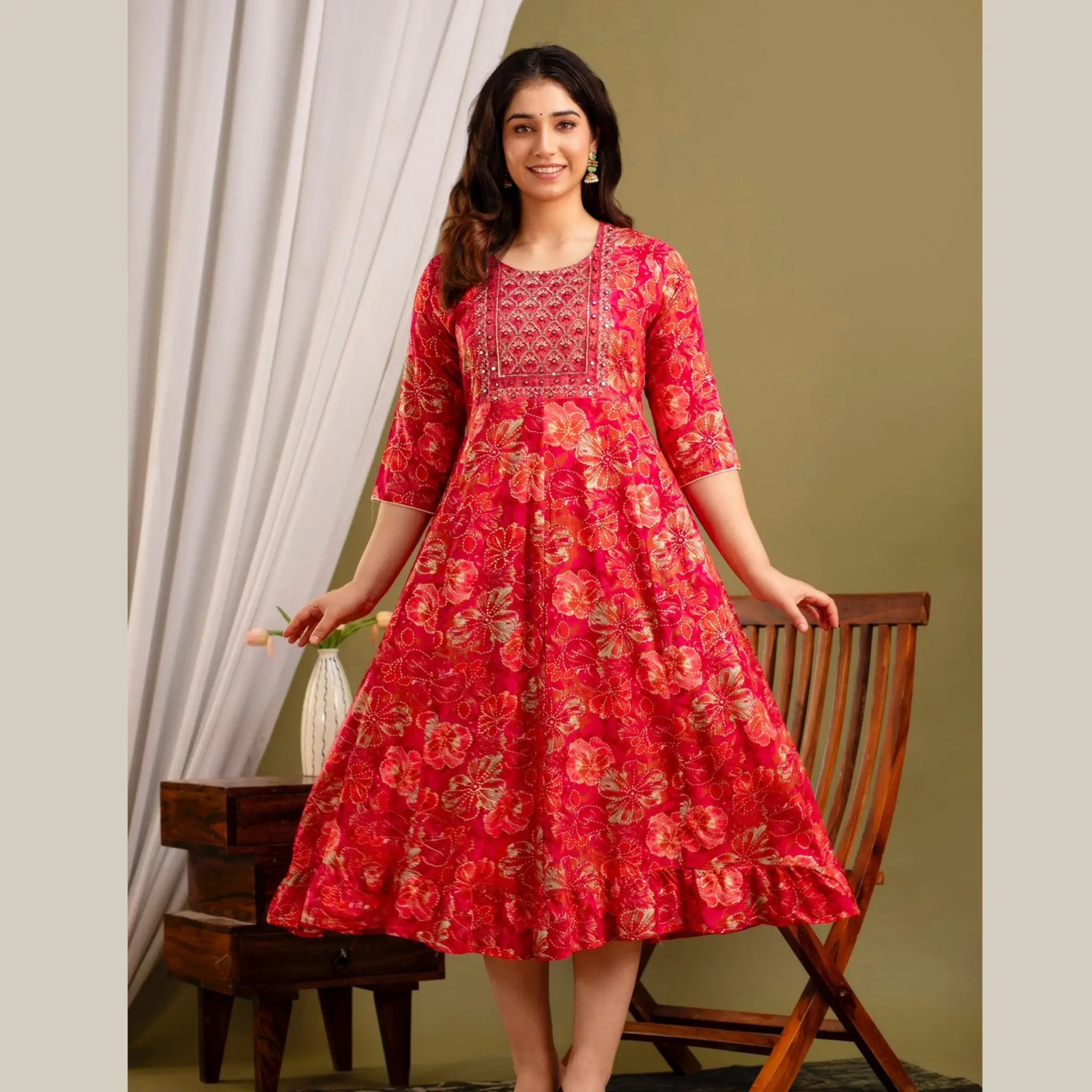 Red Full Flair Umbrella Kurti with mirror and Embroidery design