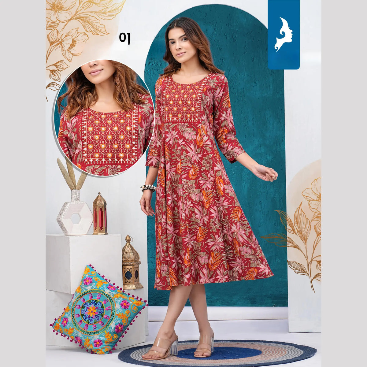 Red Reyon Print Umbrella Kurti