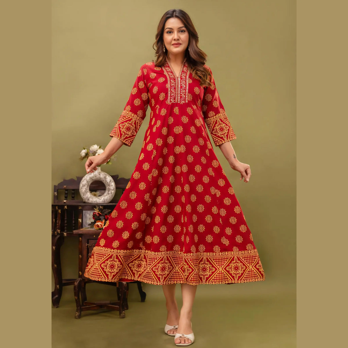 Red Ethnic Printed Anarkali Kurti for Women | Gold Motif Festive Design