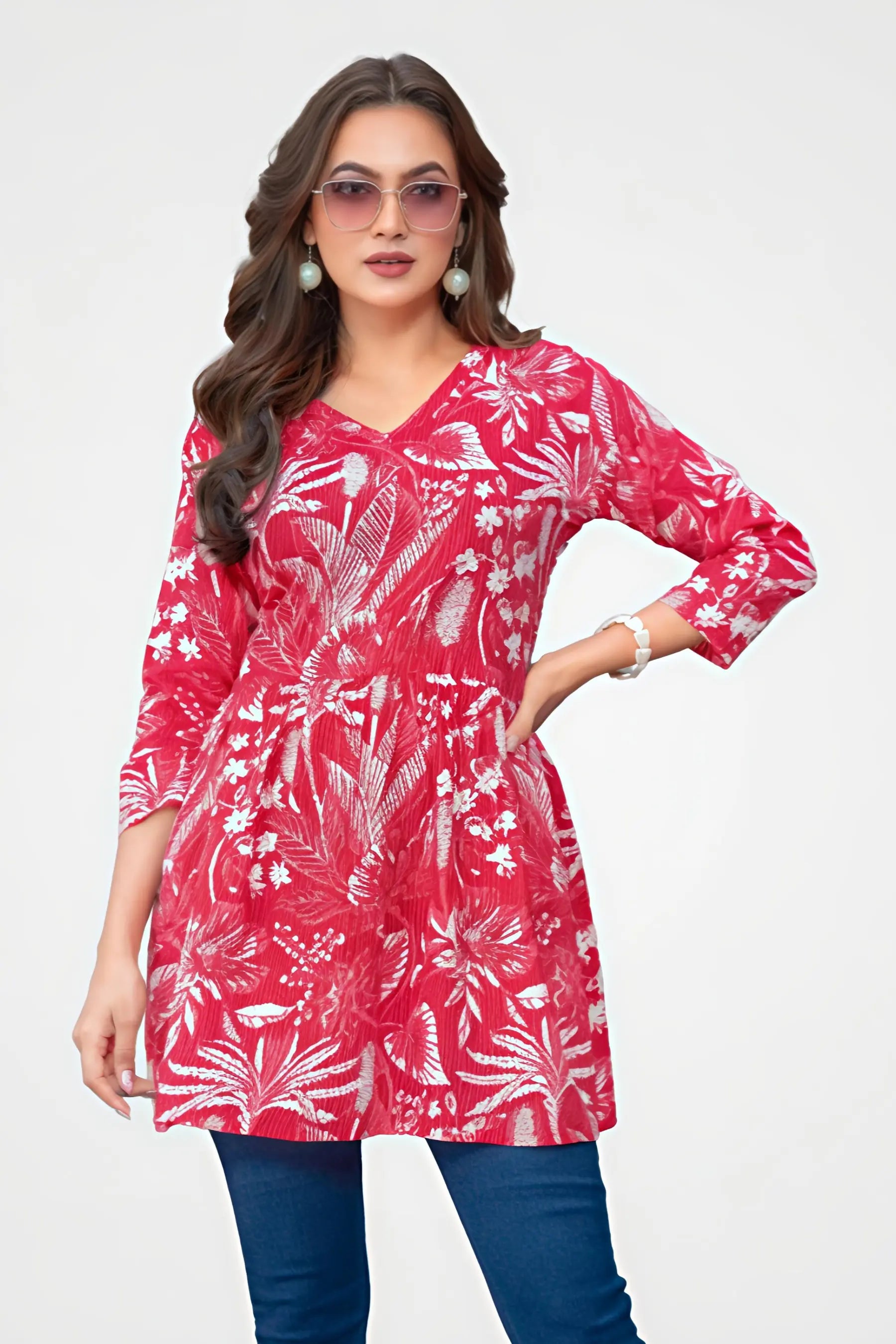 Red Floral Kantha Cotton Flared Tunic Top for Women