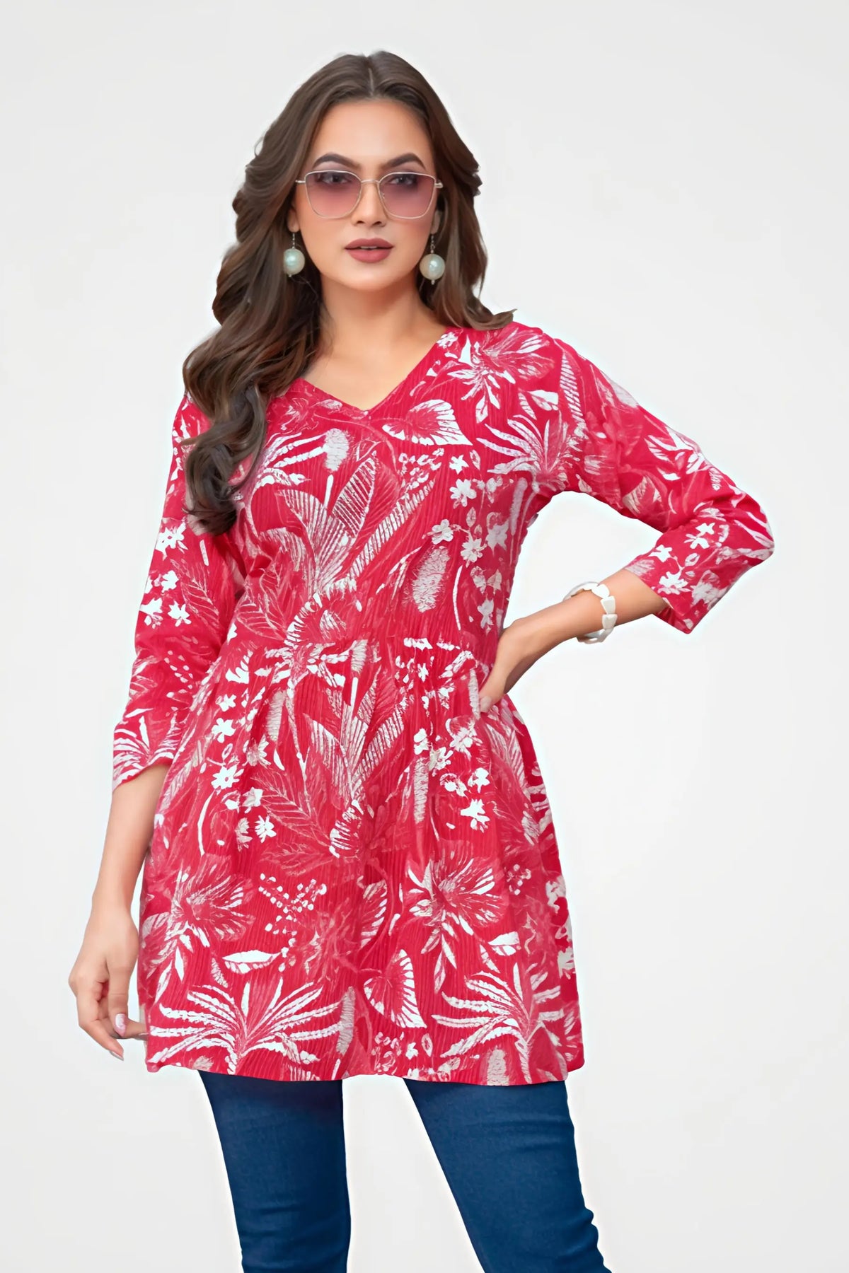 Red Floral Kantha Cotton Flared Tunic Top for Women