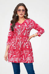 Red Floral Kantha Cotton Flared Tunic Top for Women