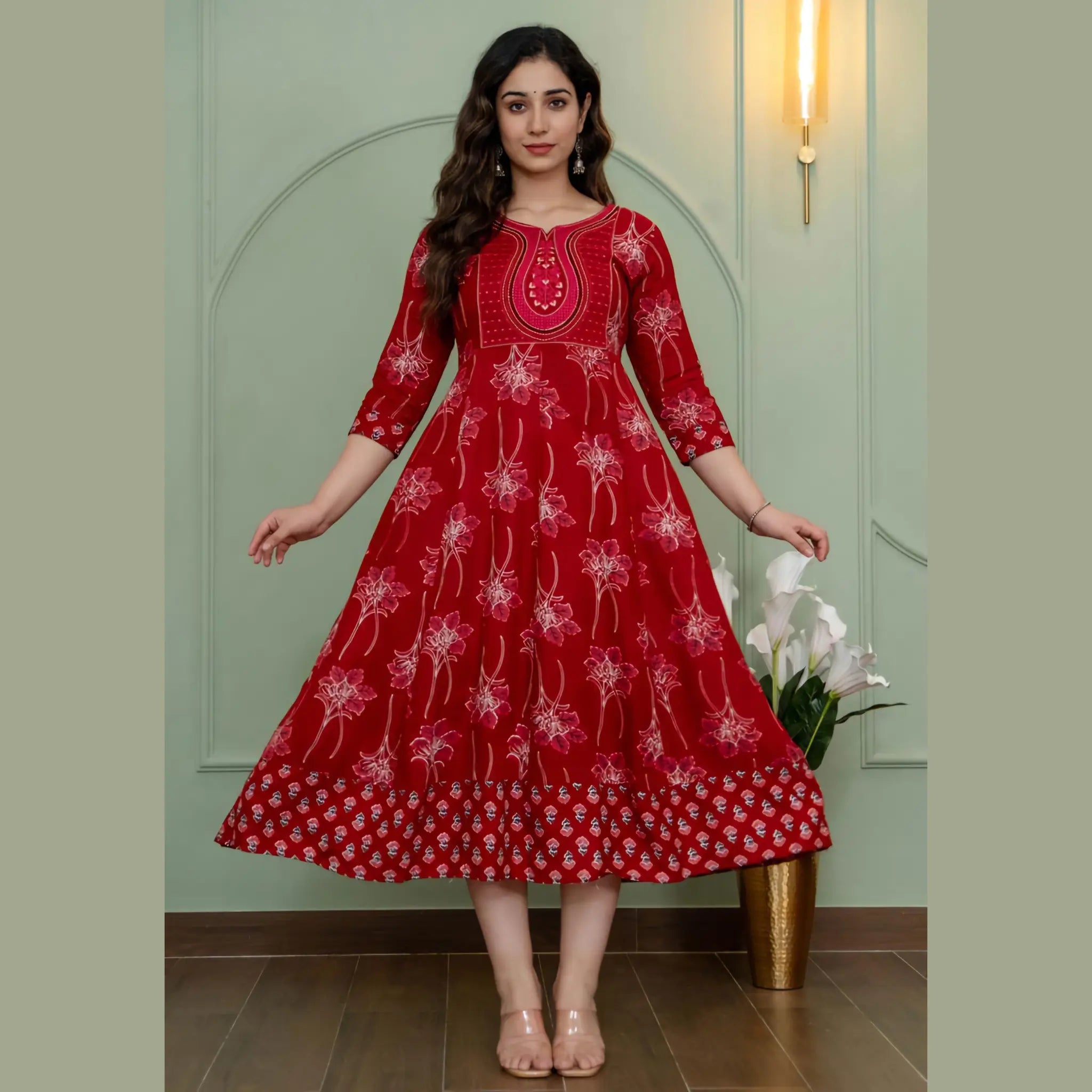 Red Floral Printed Anarkali Kurti for Women | Festive Ethnic Style Main image