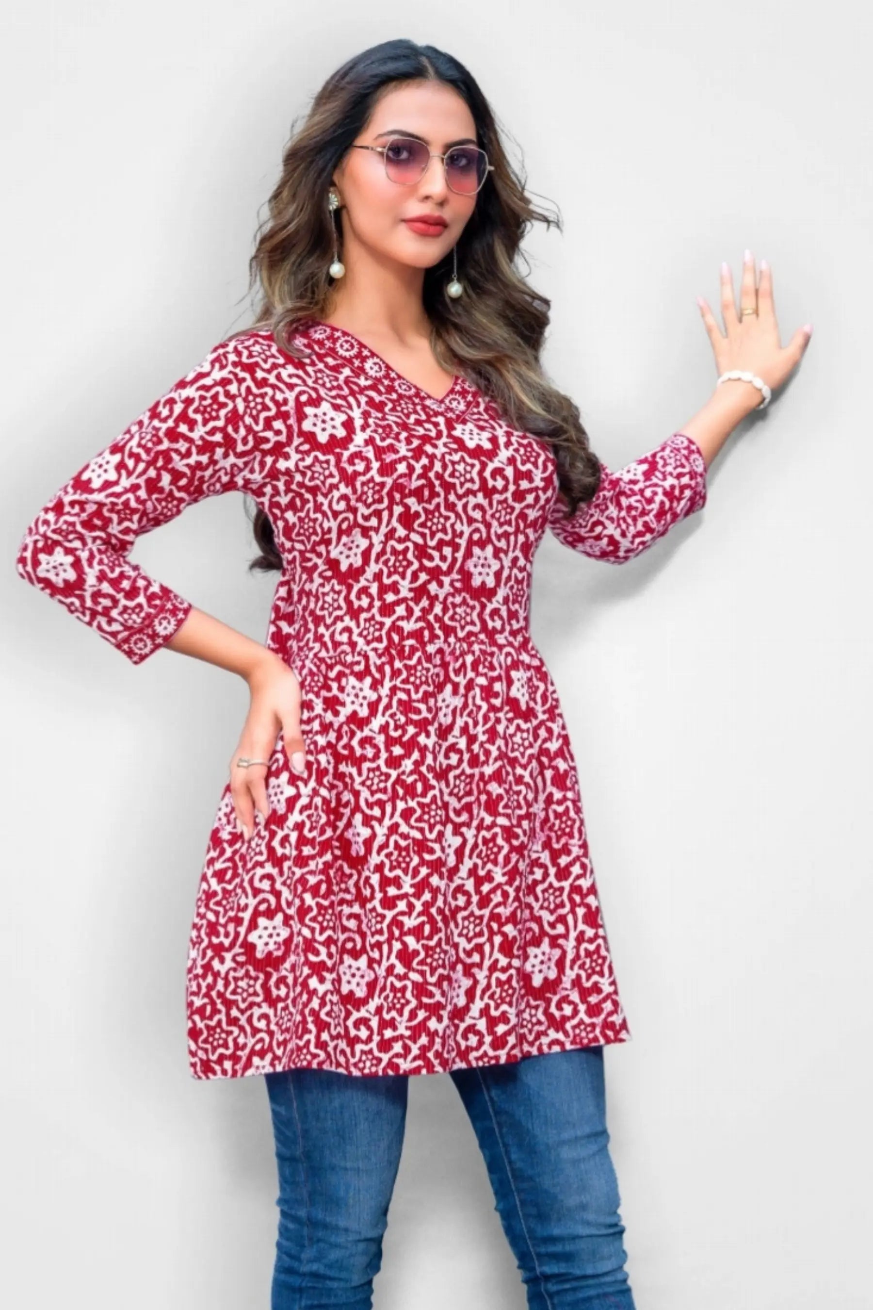 Red Kantha Cotton Flared Tunic Top for Women Main image