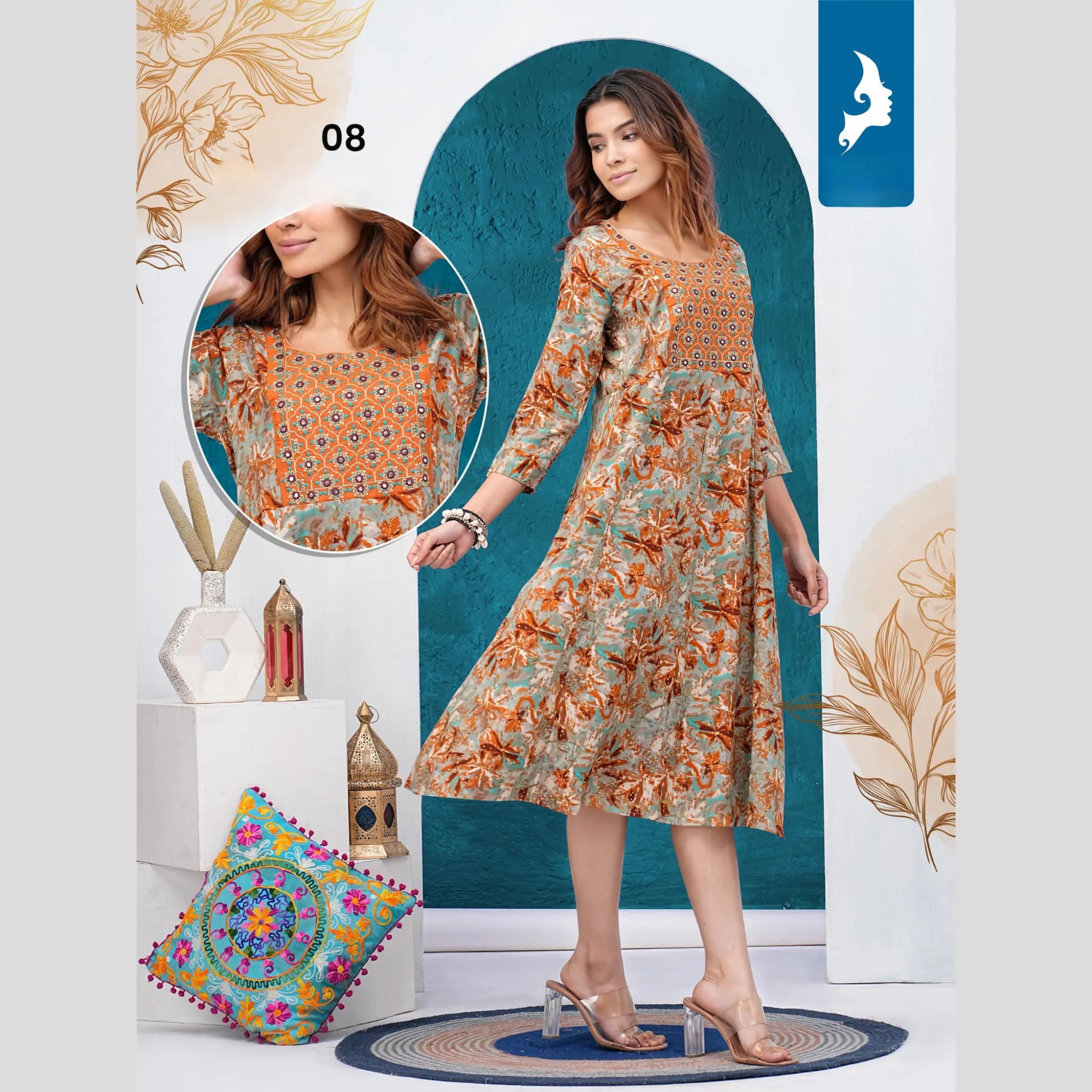 Reyon Print Orange Umbrella Kurti Main image