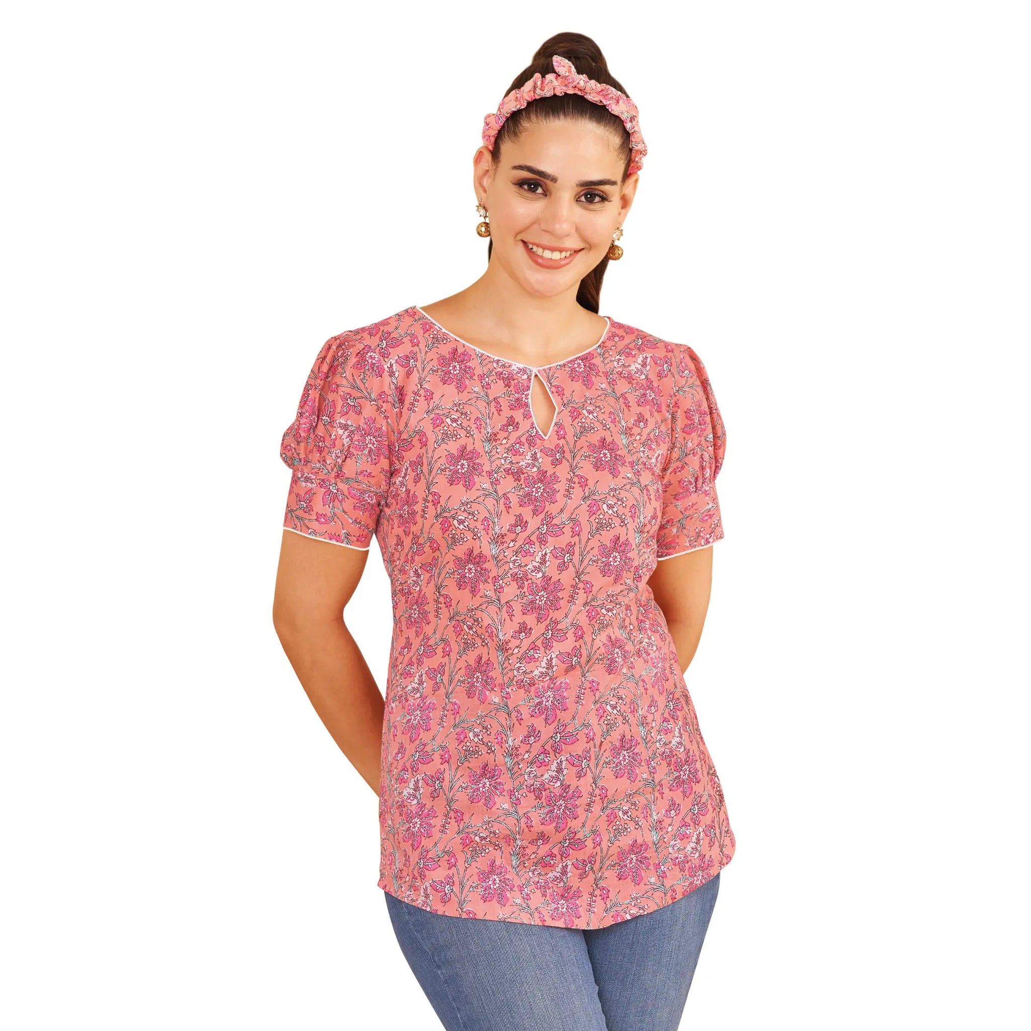 Rose Floral Print Keyhole Casual Short Tops Main image