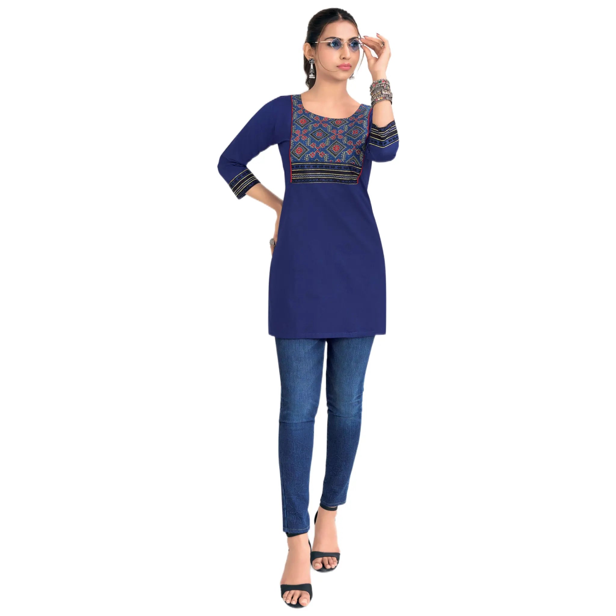 Royal Blue Cotton Short Top with Geometric Tribal Print Yoke Main image