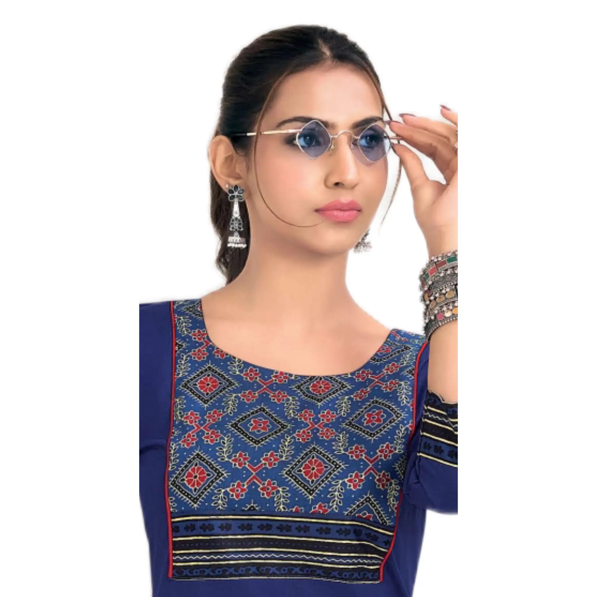 Royal Blue Cotton Short Top with Geometric Tribal Print Yoke