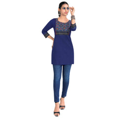 Royal Blue Cotton Short Top with Geometric Tribal Print Yoke