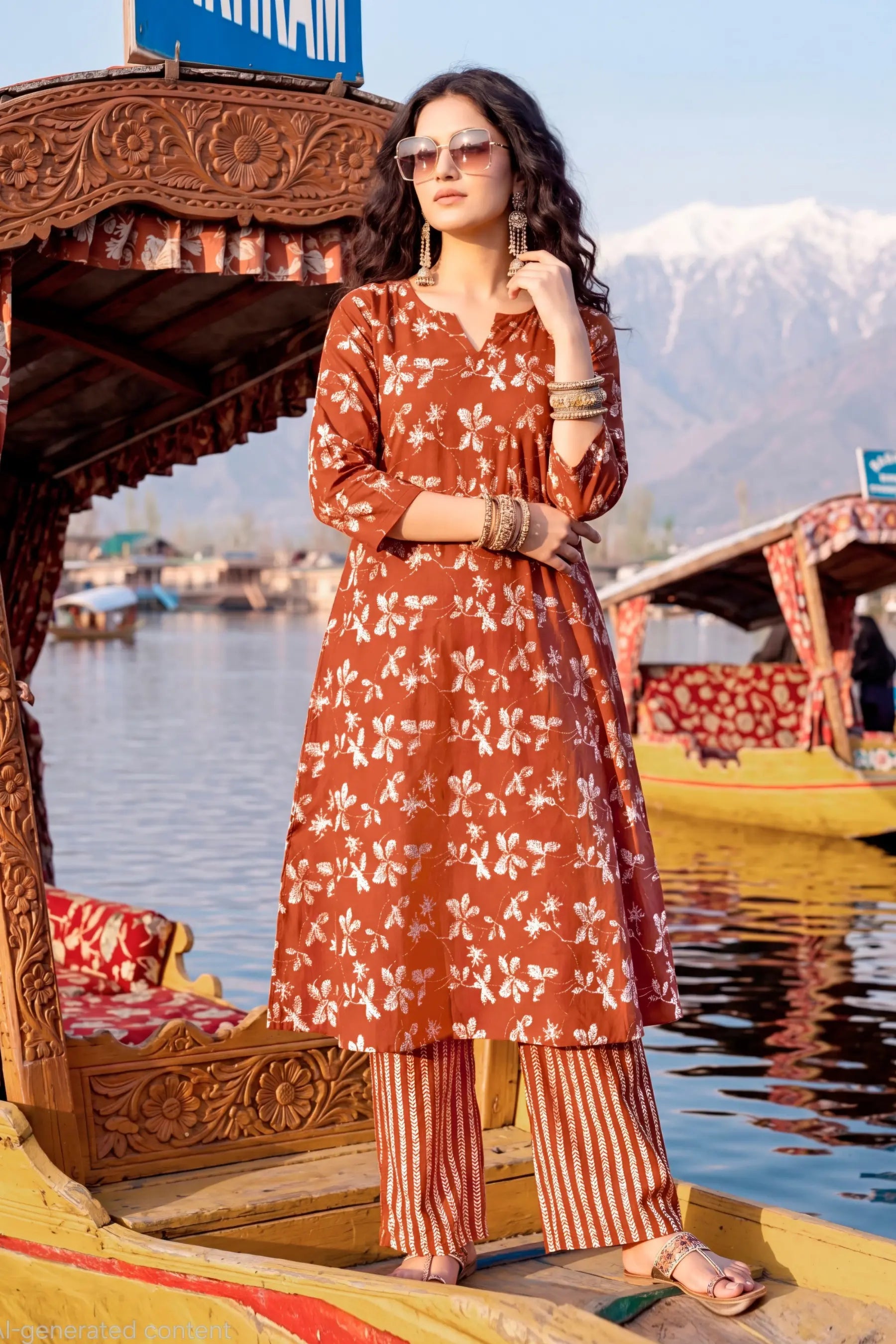 Rust Brown Heavy Rayon Printed Kurta Set with Striped Pants