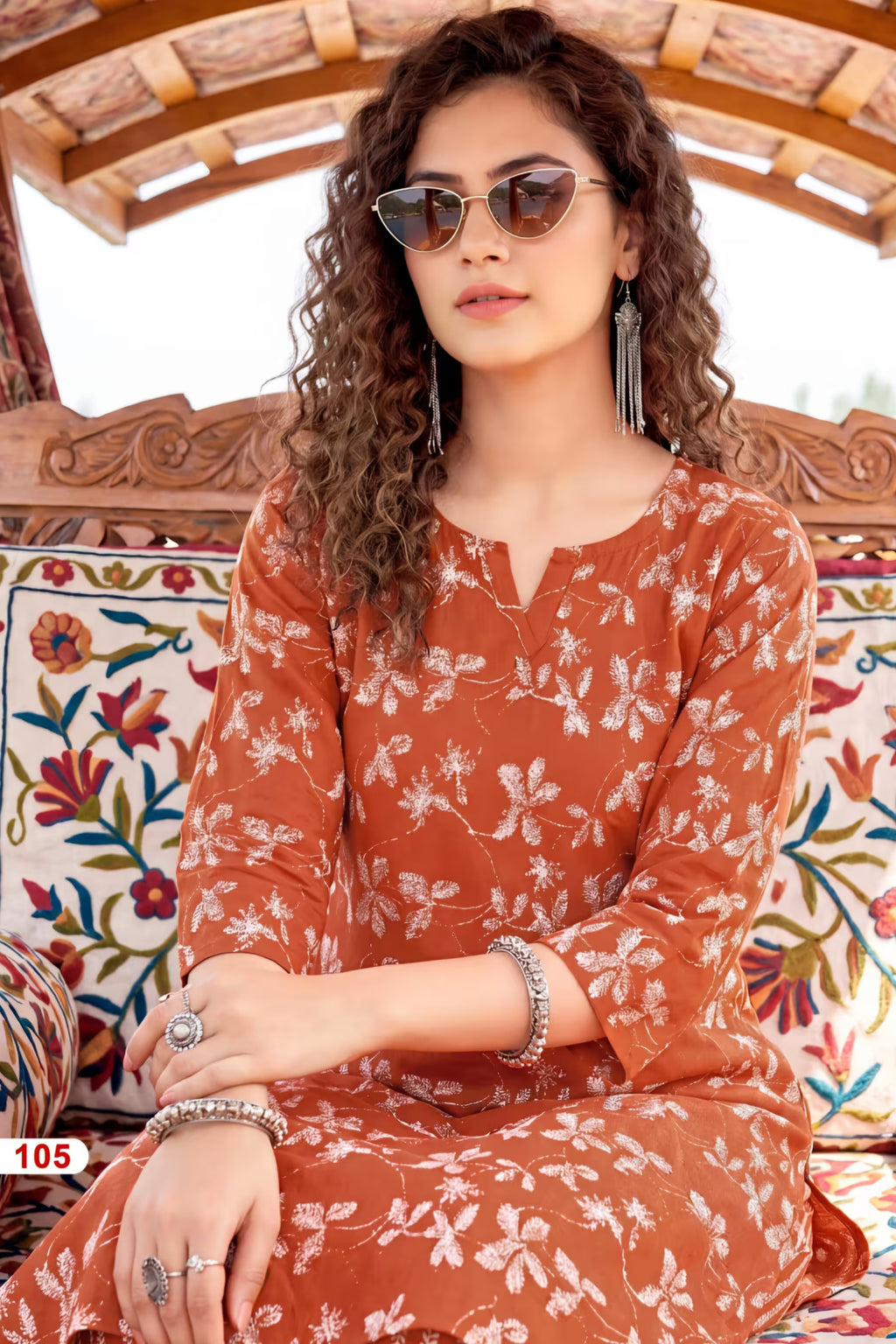 Rust Brown Heavy Rayon Printed Kurta Set with Striped Pants