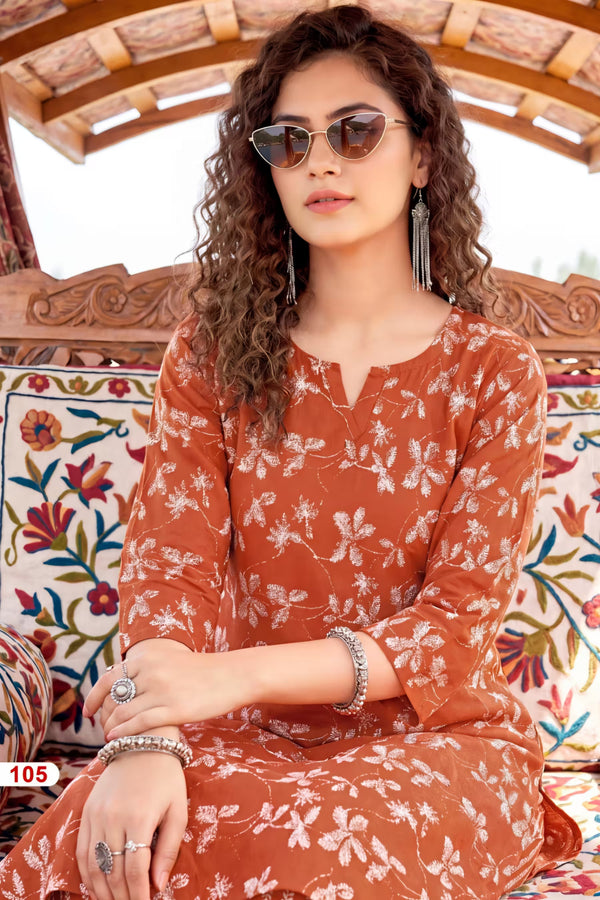Rust Brown Heavy Rayon Printed Kurta Set with Striped Pants