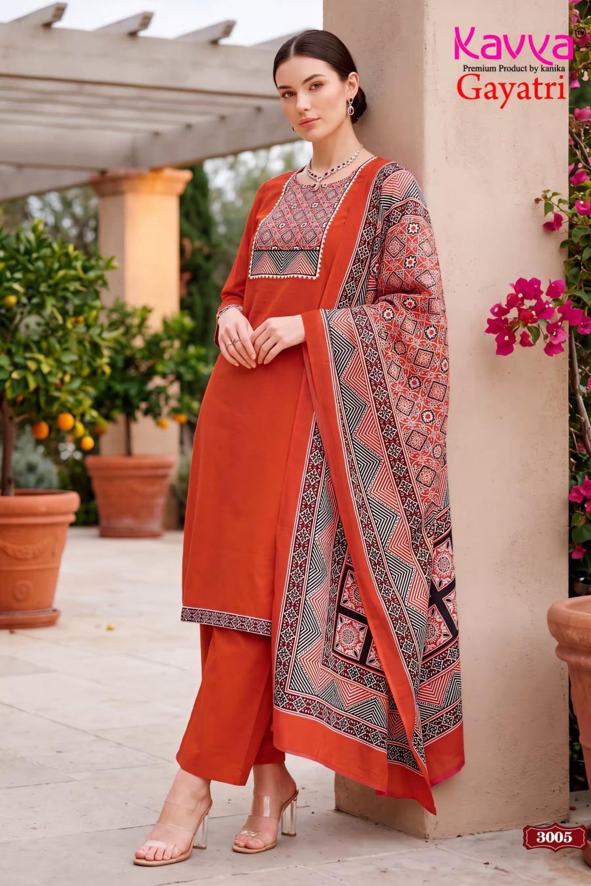 Rust Orange Printed Salwar Suit with Traditional Dupatta – Design 3005