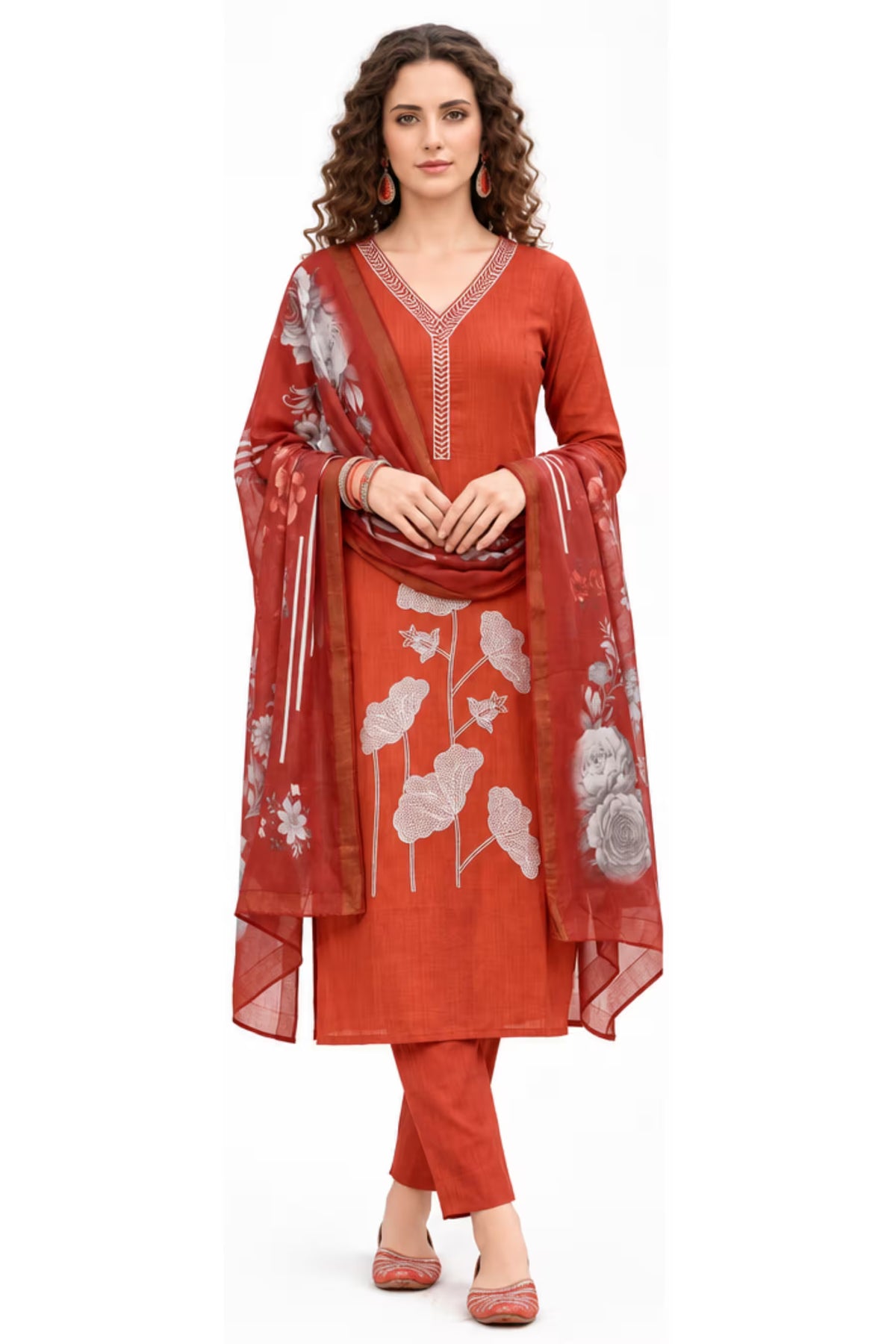 Rust Orange Embroidered Vertican Silk Kurta Pant Dupatta Set for Women
