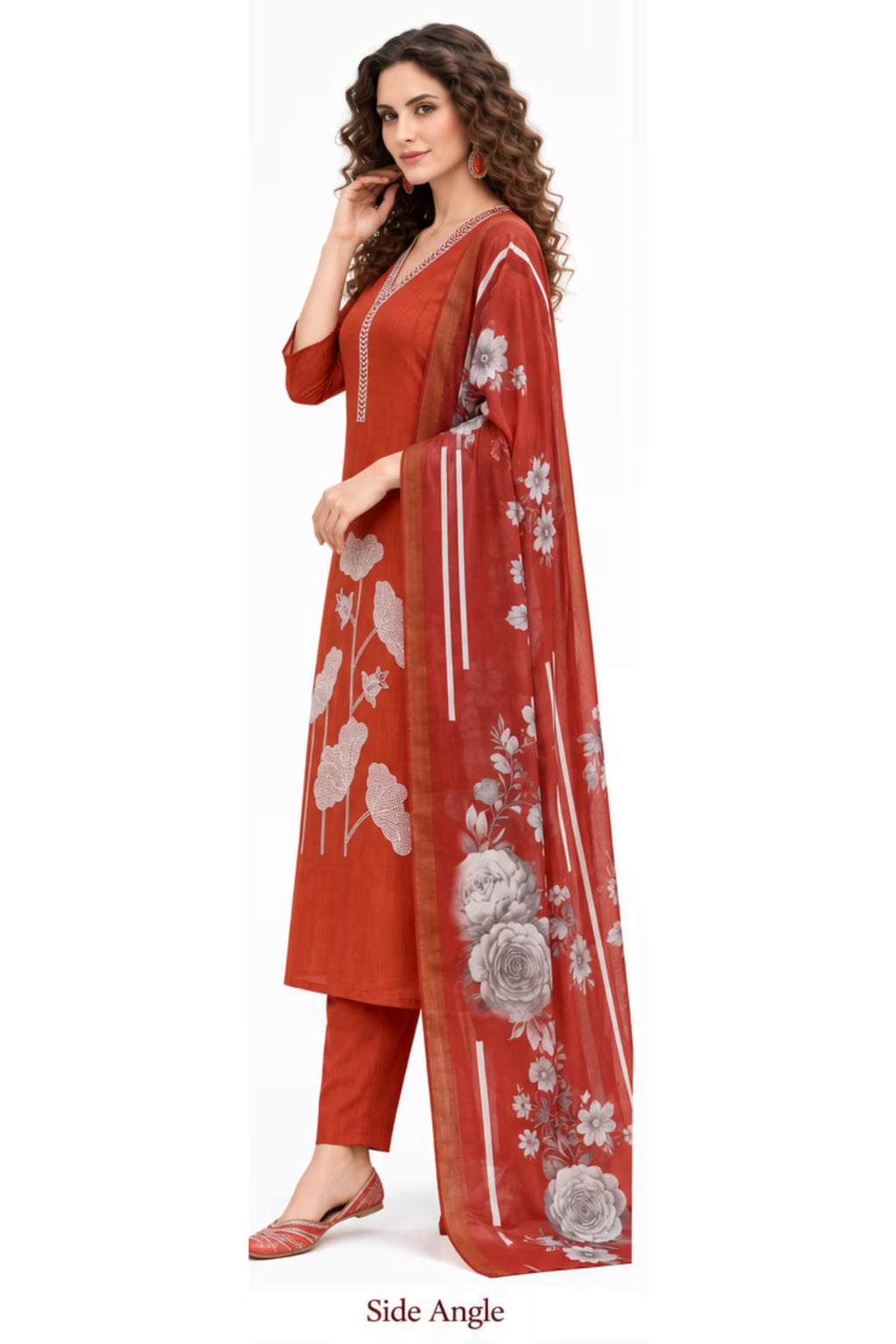 Rust Orange Embroidered Vertican Silk Kurta Pant Dupatta Set for Women