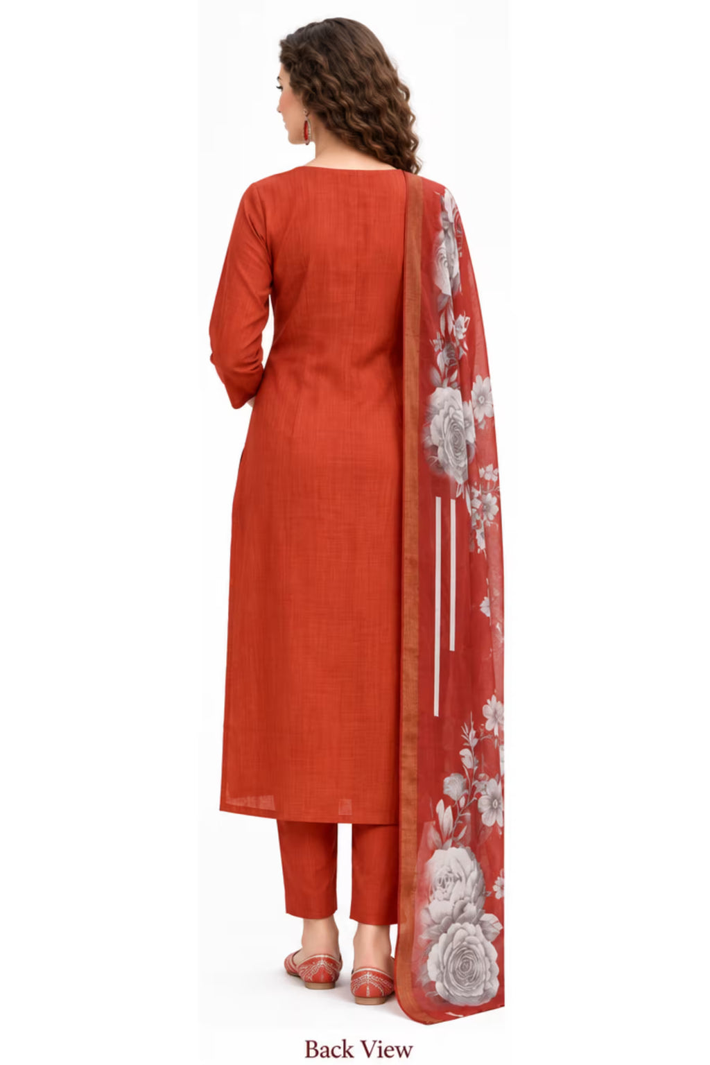 Rust Orange Embroidered Vertican Silk Kurta Pant Dupatta Set for Women