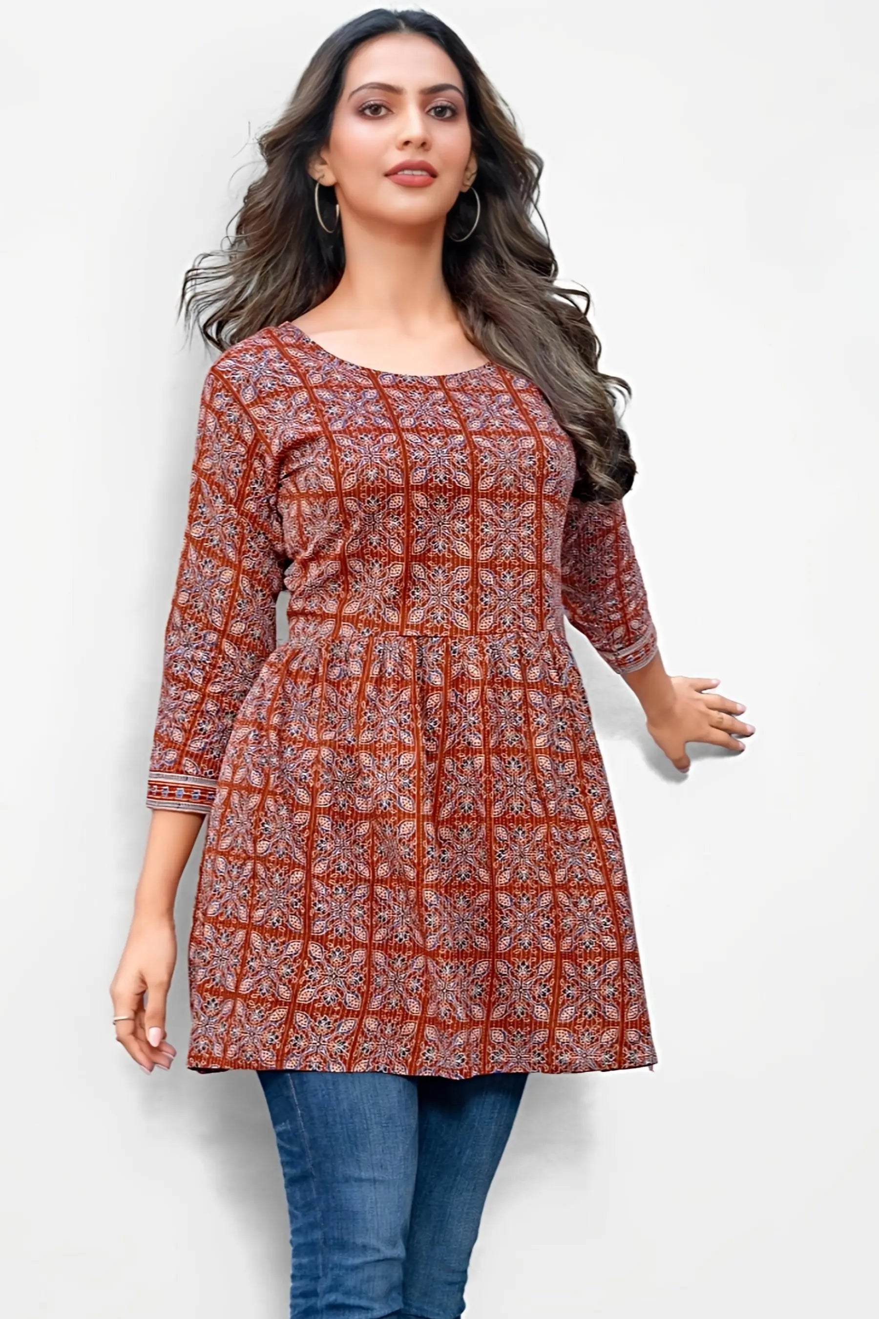 Rust Kantha Cotton Flared Tunic Top for Women