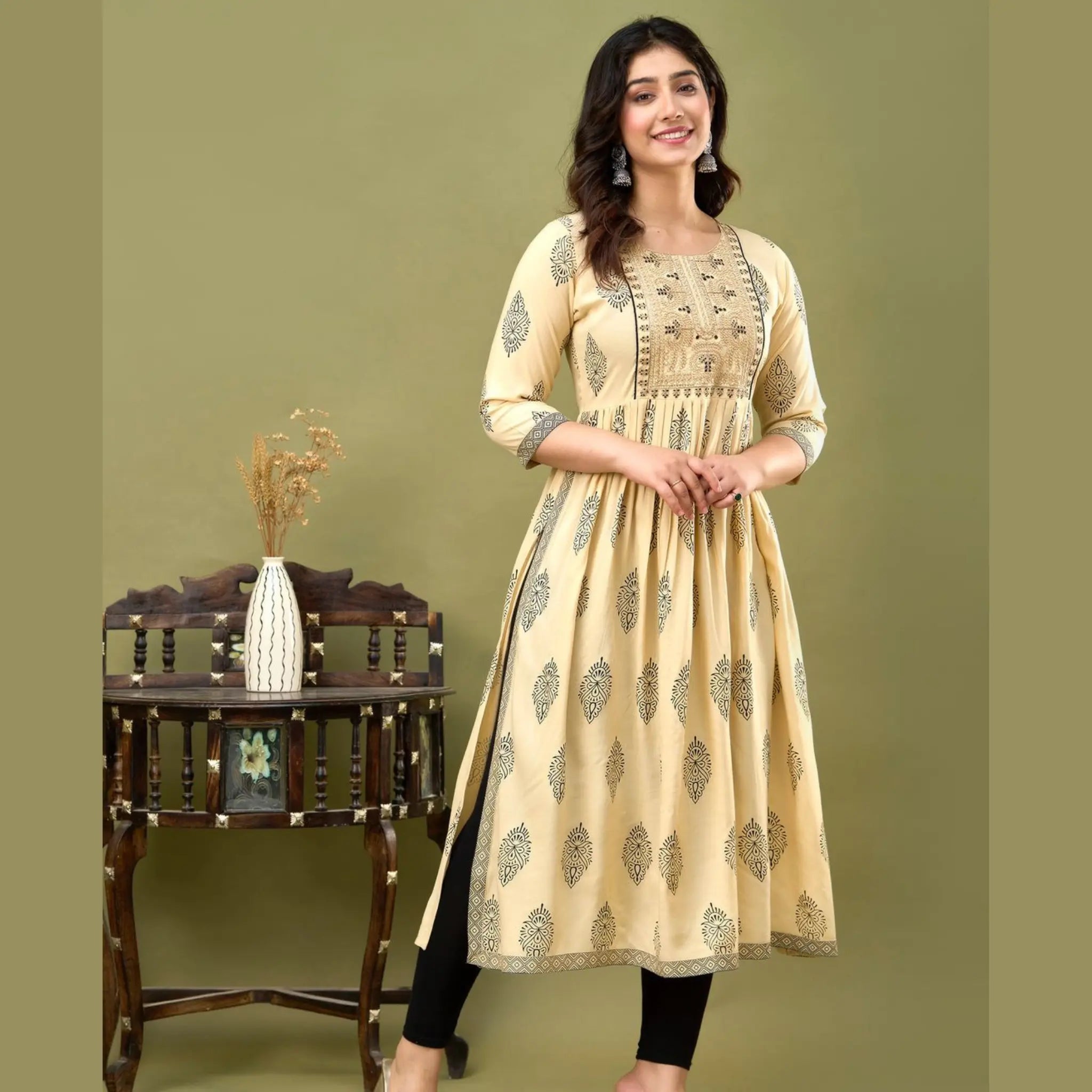 Sandal Block Printed Nayra Cut Kurti Main image