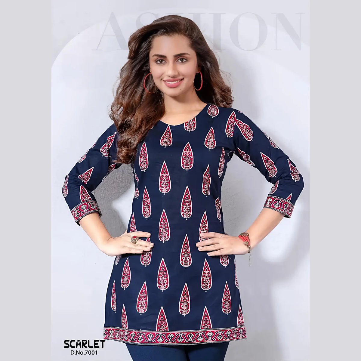 Scarlet 7001 Navy Blue Women’s Cotton Tunic Top – Trendy Printed Short Kurti Style for Office & Casual