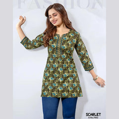 Scarlet 7002 Olive Green Printed Cotton Tunic Top for Women – Stylish Short Top for Daily, Office & Casual Wear
