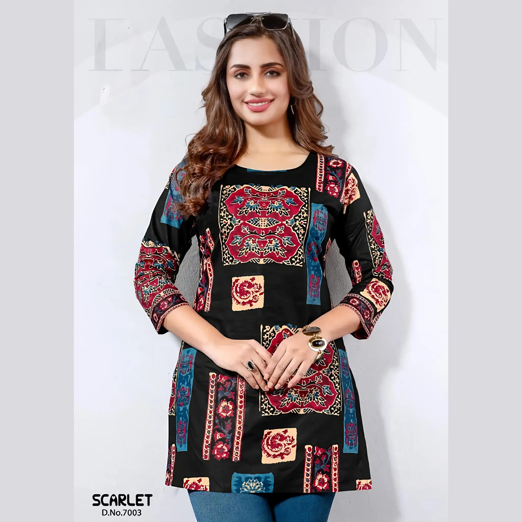 Scarlet 7003 Black Multicolor Printed Cotton Tunic Top for Women – Trendy Short Top for Daily, Office & Casual Wear