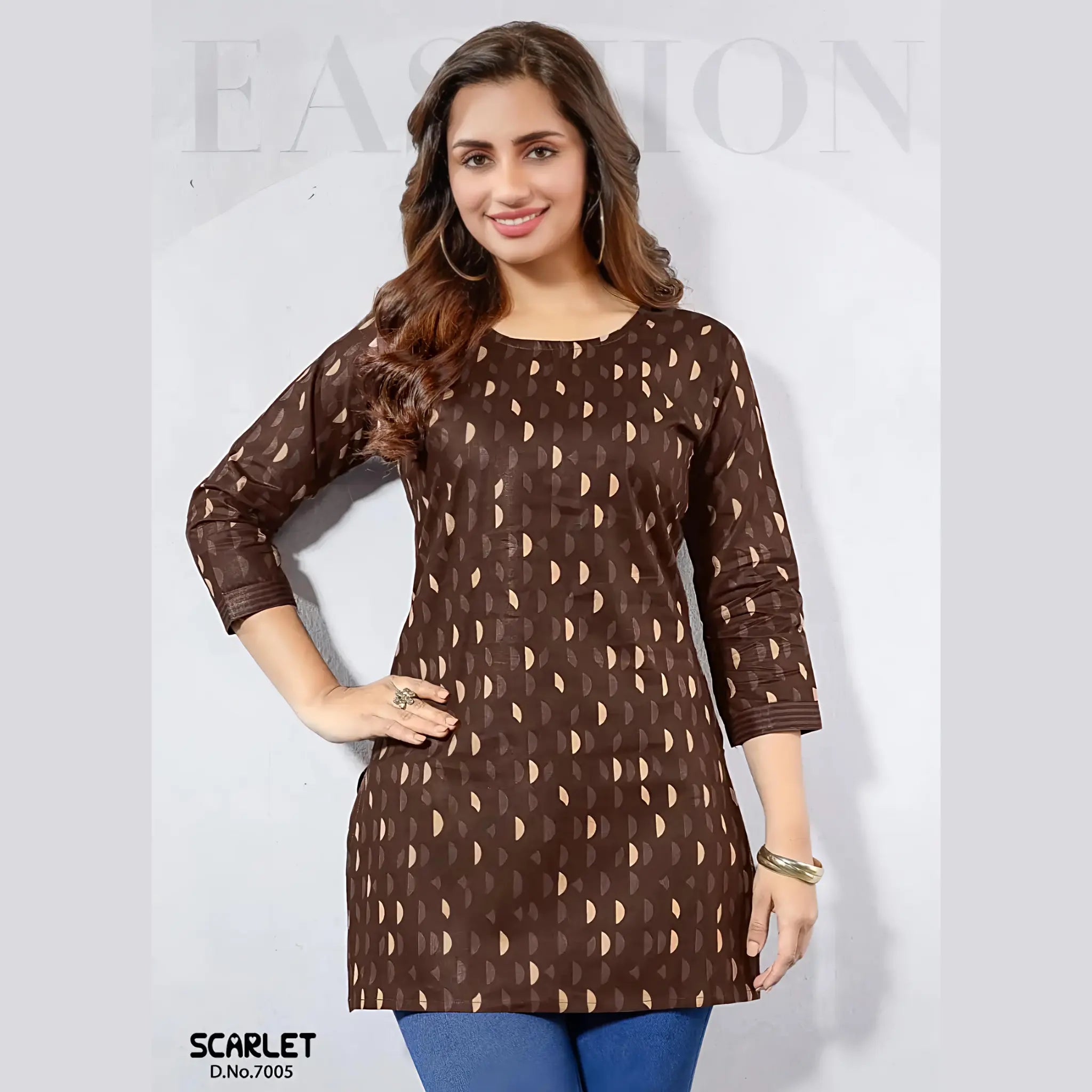 Scarlet 7005 Brown Printed Cotton Tunic Top – Stylish Women’s Short Top
