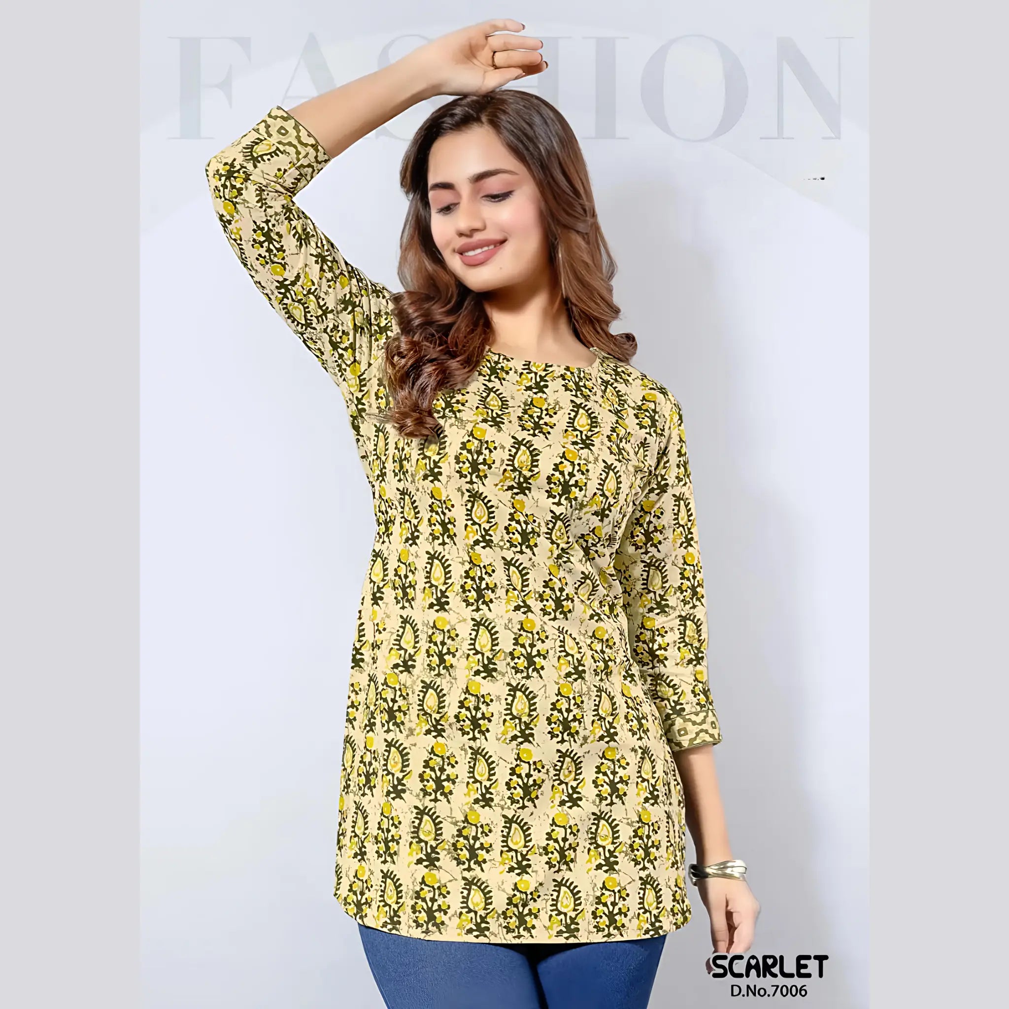 Scarlet 7006 Yellow & Olive Print Cotton Tunic Top for Women – Stylish Short Top for Daily, Office & Casual Wear