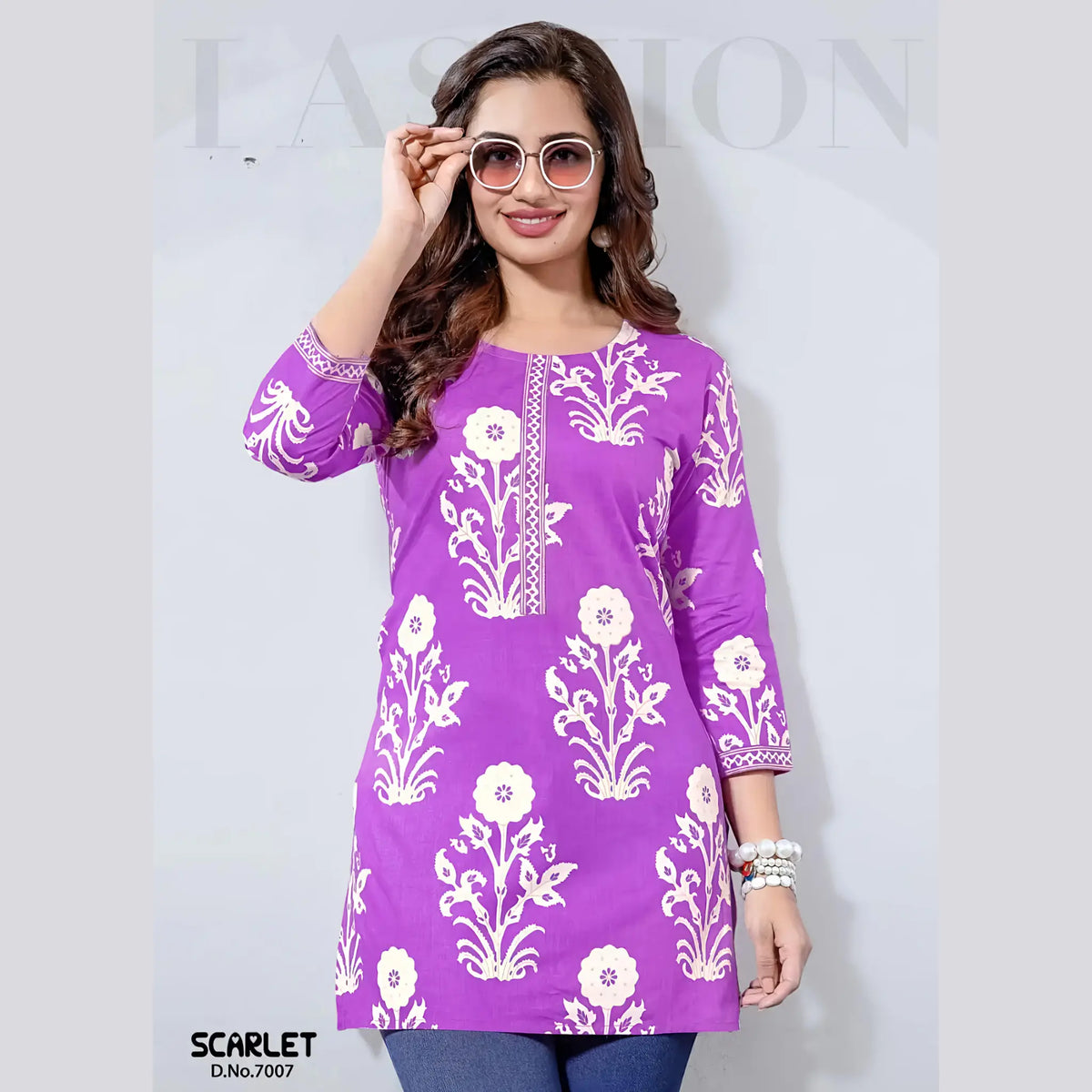 Scarlet 7007 Purple Floral Printed Cotton Tunic Top for Women – Stylish Short Kurti for Daily & Office Wear