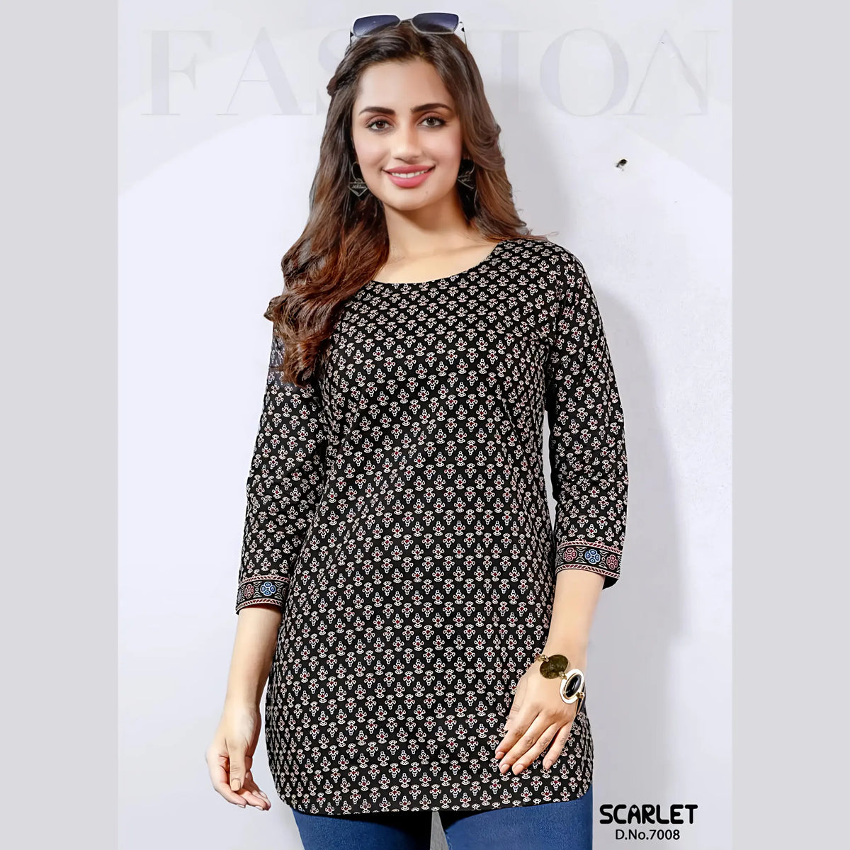 Scarlet 7008 Black Printed Cotton Tunic Top for Women – Stylish Short Top for Daily, Office & Casual Wear