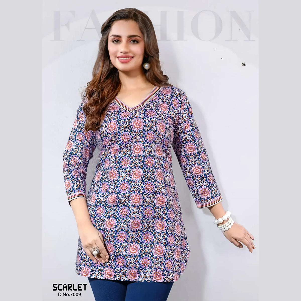 Scarlet 7009 Blue Floral Printed Cotton Tunic Top for Women – Stylish Short Top for Daily, Office & Casual Wear