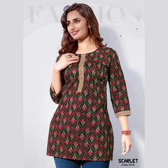 Scarlet 7010 Black & Maroon Printed Cotton Tunic Top for Women – Stylish Short Top for Daily, Office & Casual Wear