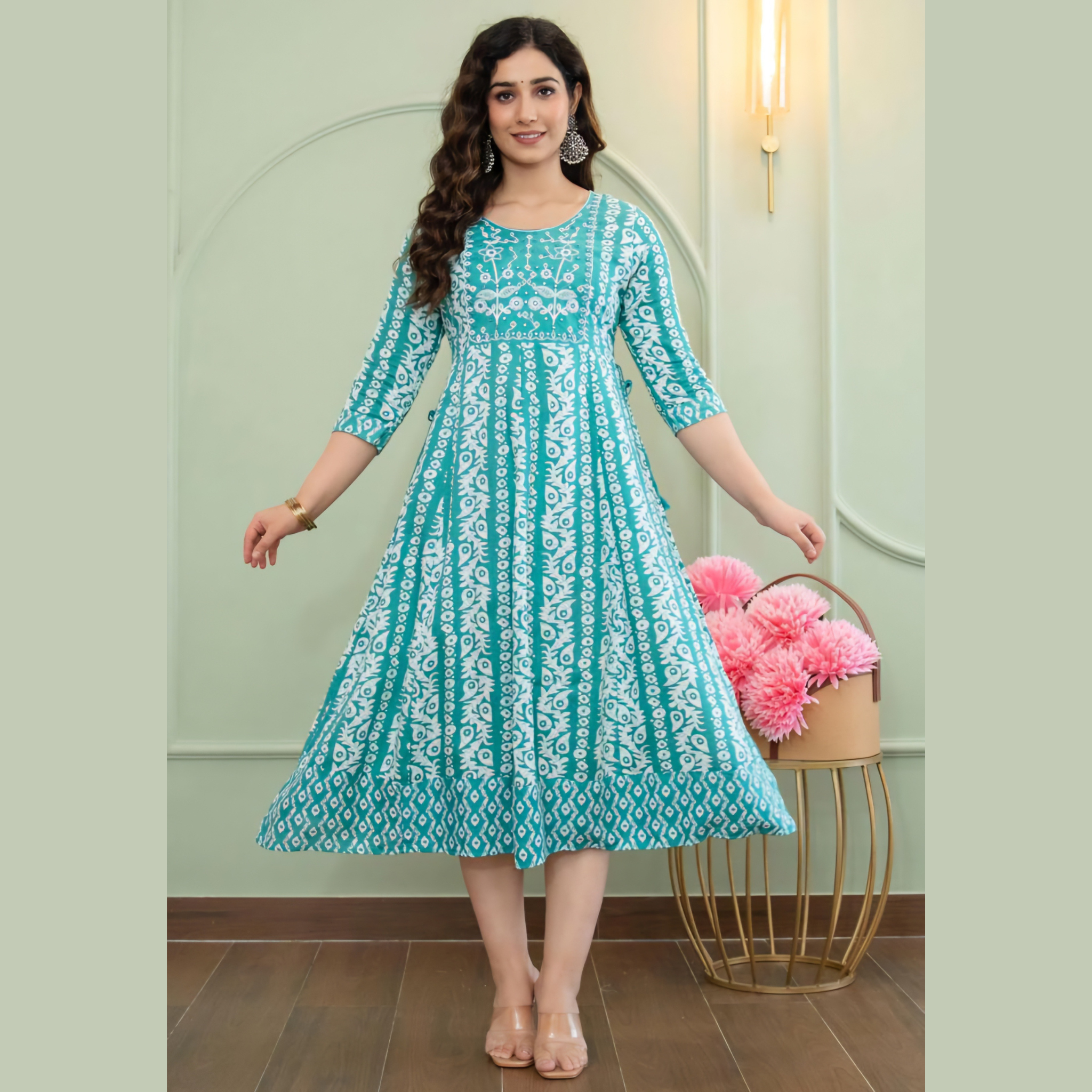 Sea Green Ethnic Printed Anarkali Kurti for Women _ Vertical Motif Design Main image