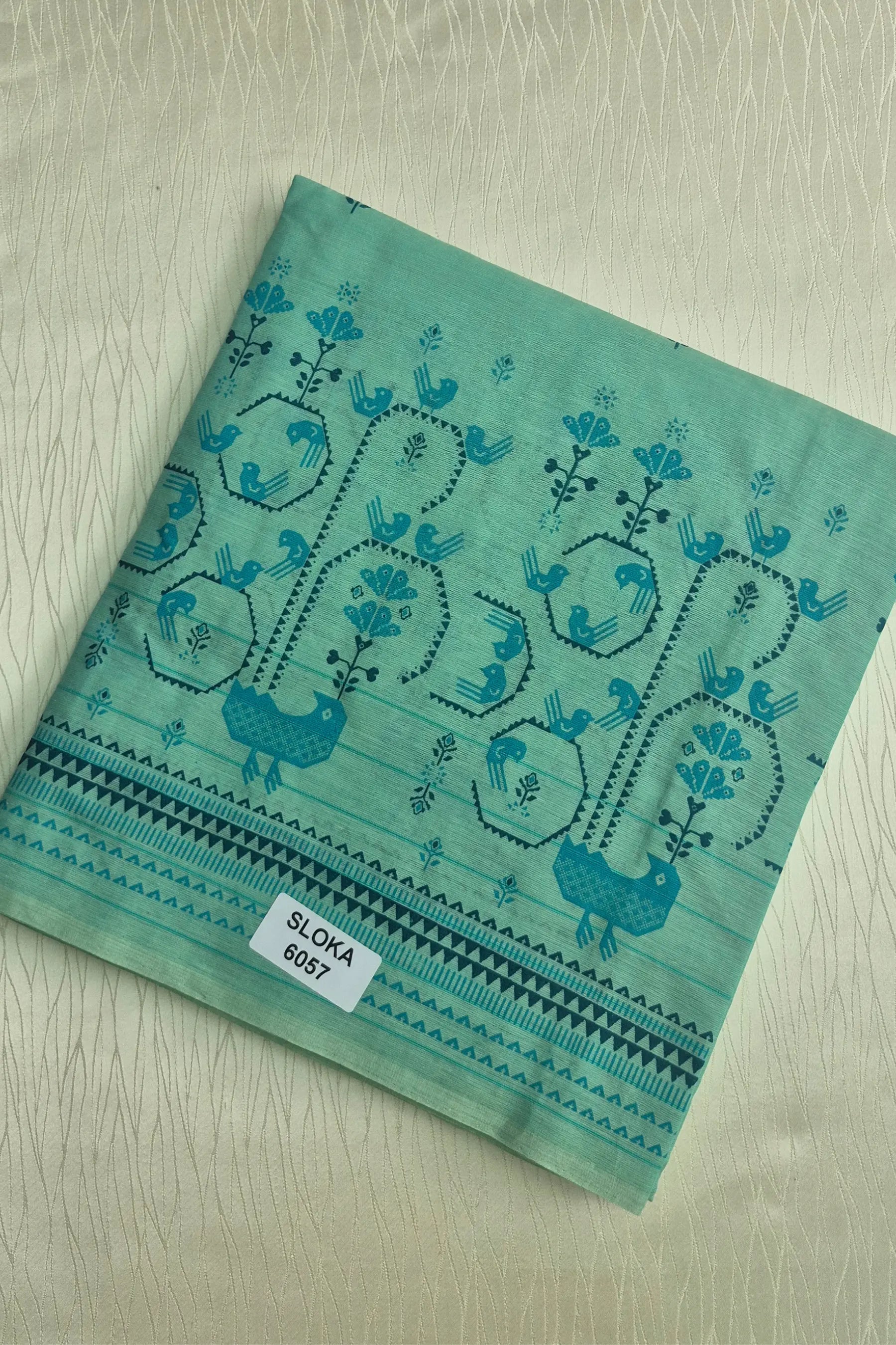 Sea Green Peacock Print Cotton Saree with Plain Blouse Soft Daily Wear Saree for Women Main image
