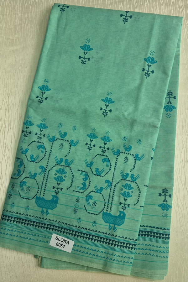 Sea Green Peacock Print Cotton Saree with Plain Blouse Soft Daily Wear Saree for Women
