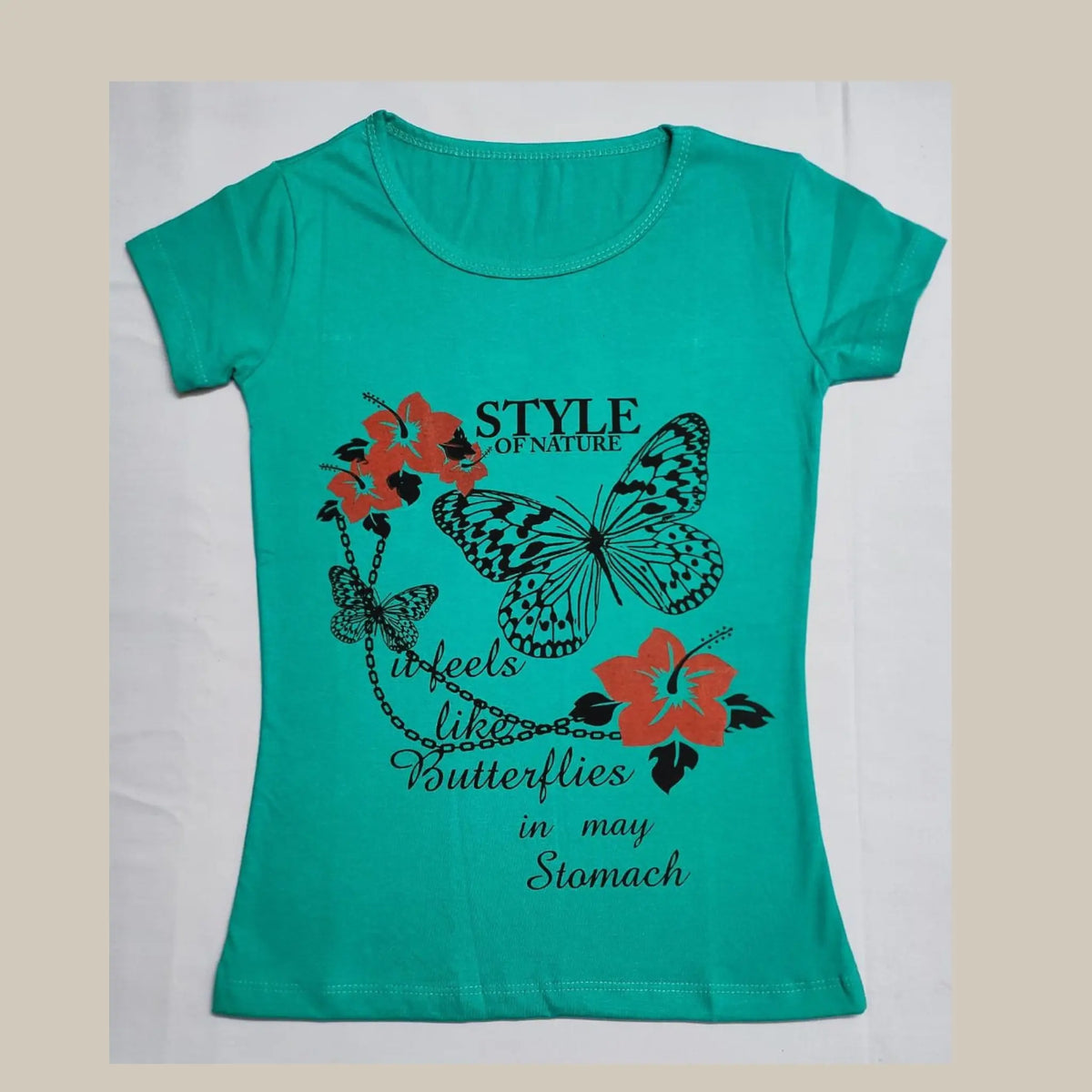 Sea Green Butterfly Printed Cotton T-Shirt for Girls