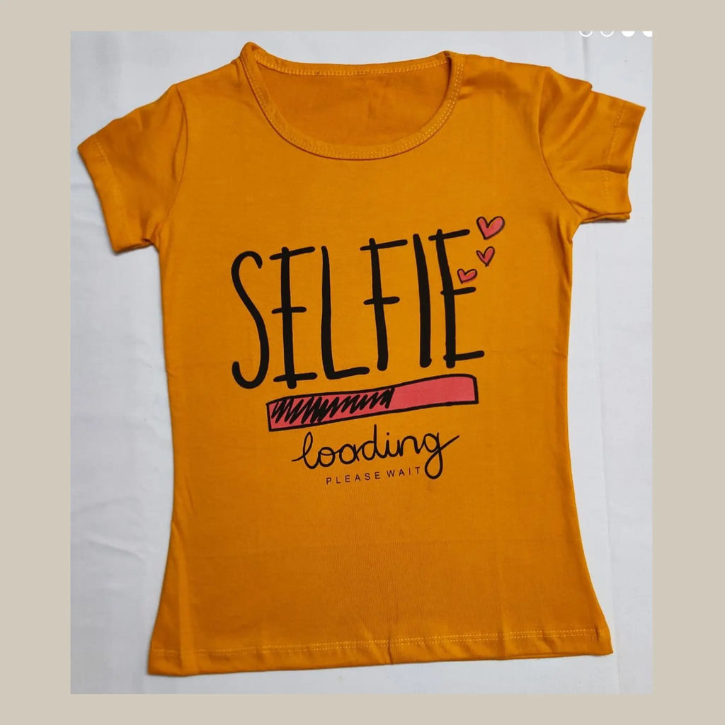 Selfie Printed Mustard yellow Cotton T-shirt for Girls