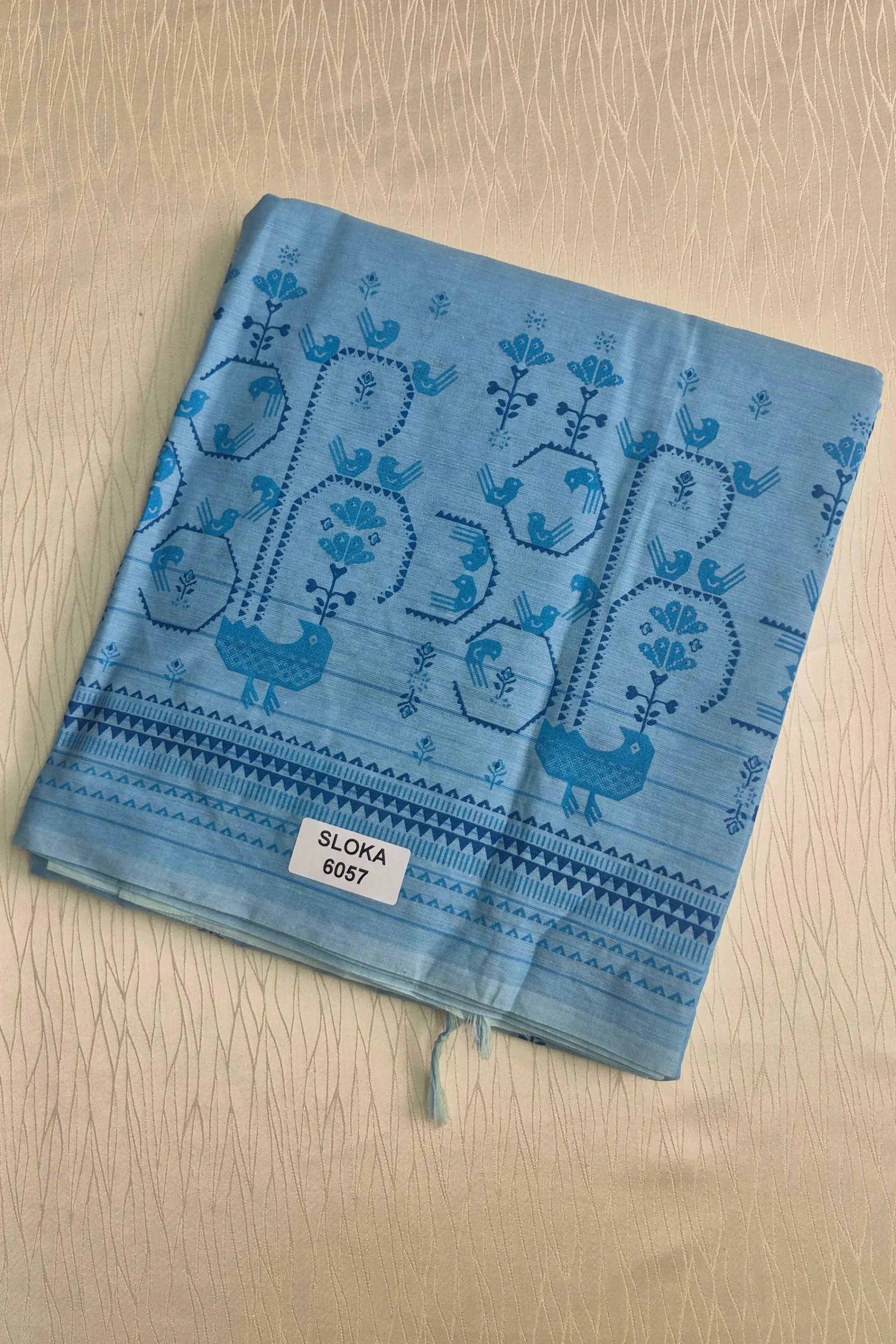 Sky Blue Peacock Print Cotton Saree with Plain Blouse Soft Daily Wear Saree for Women Main image