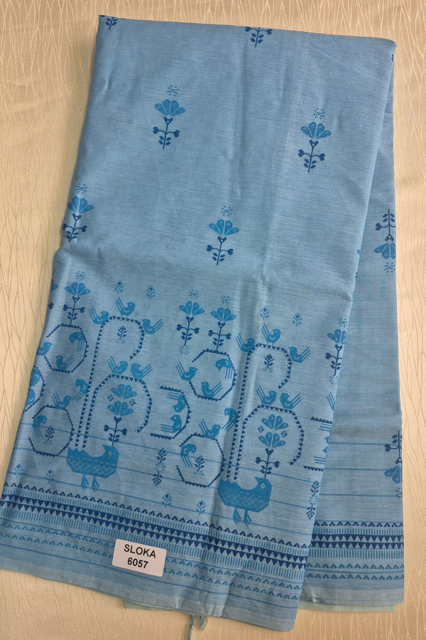 Sky Blue Peacock Print Cotton Saree with Plain Blouse Soft Daily Wear Saree for Women
