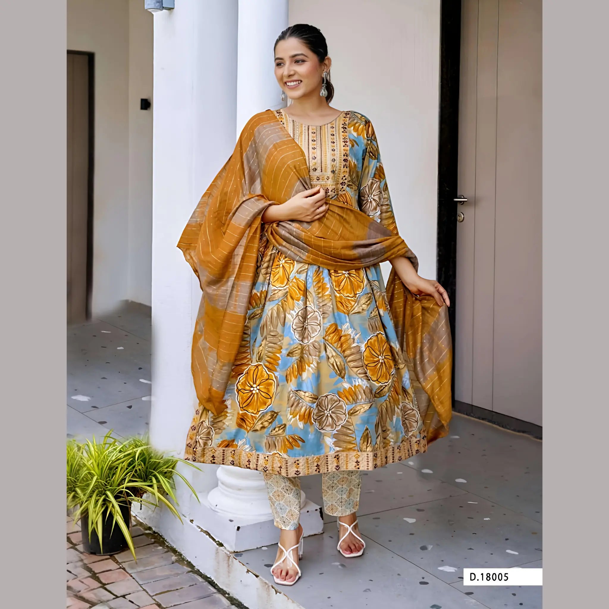 Stylish Foil Print Rayon Capsule Nyra Cut Suit with Dupatta & Bottom Main image