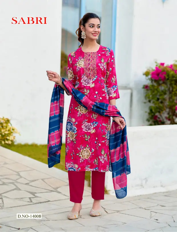 Stylish Hot Pink Ethnic Wear Set with Floral Print Design Main image