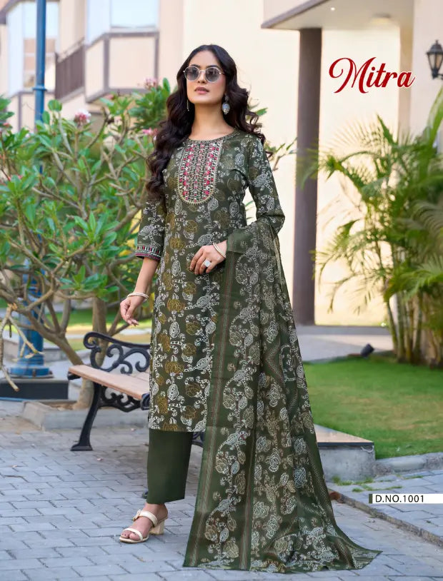 Stylish Olive Green Straight Cut Suit Set with Soft Box Printed Dupatta - Mitra1001