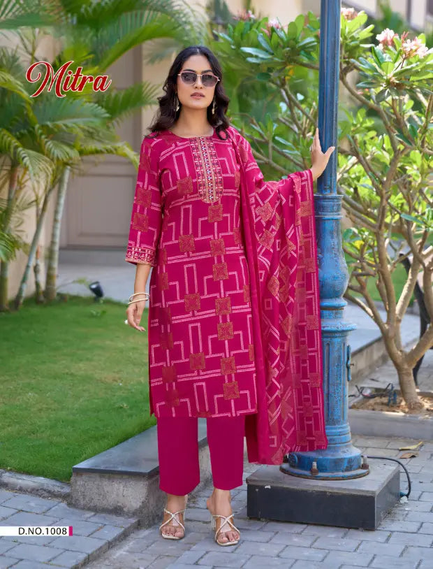 Stylish Rani Pink Kurti Pant Dupatta Set for Office & Casual Wear - Mitra1008