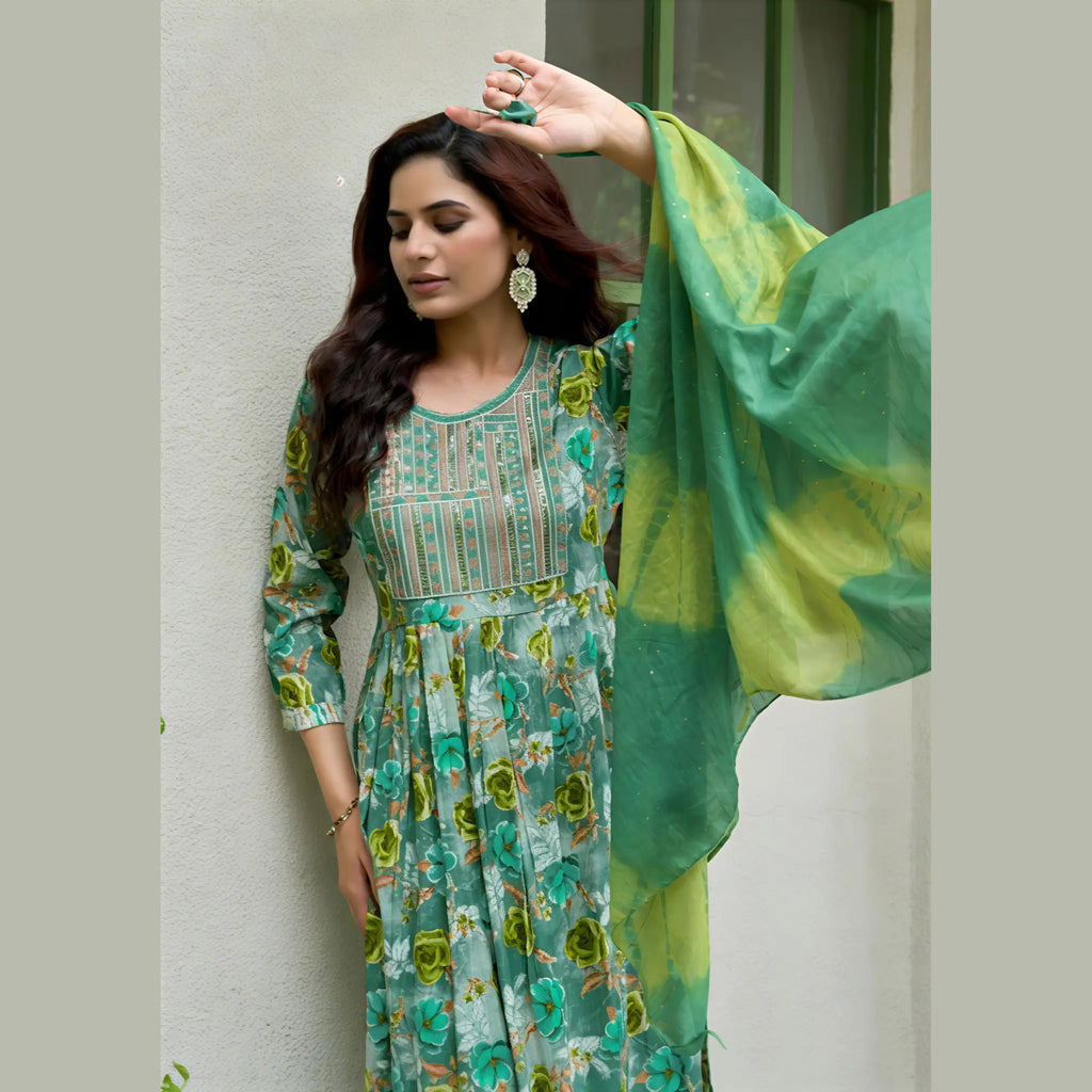 Stylish Rayon Umbrella Kurti Set with Embroidery & Dupatta MP8003
