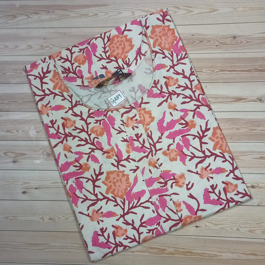 Deep Peach Floral Print Cotton Straight Kurti