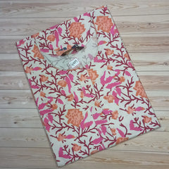 Deep Peach Floral Print Cotton Straight Kurti
