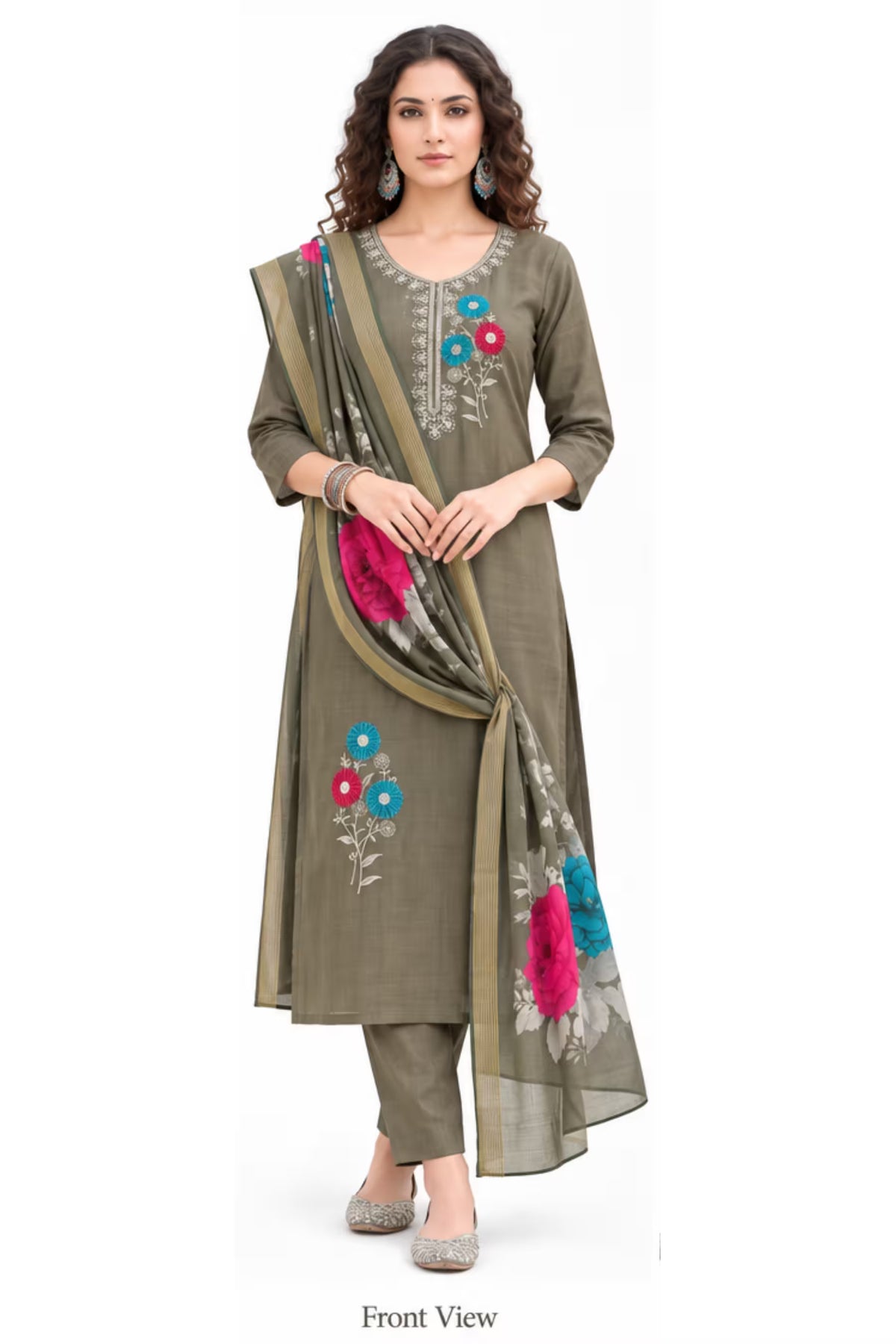 Mushroom Brown Embroidered Vertican Silk Kurta Pant Set with Digital Dupatta