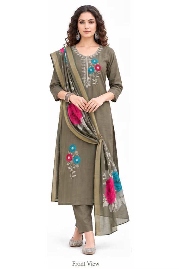 Mushroom Brown Embroidered Vertican Silk Kurta Pant Set with Digital Dupatta