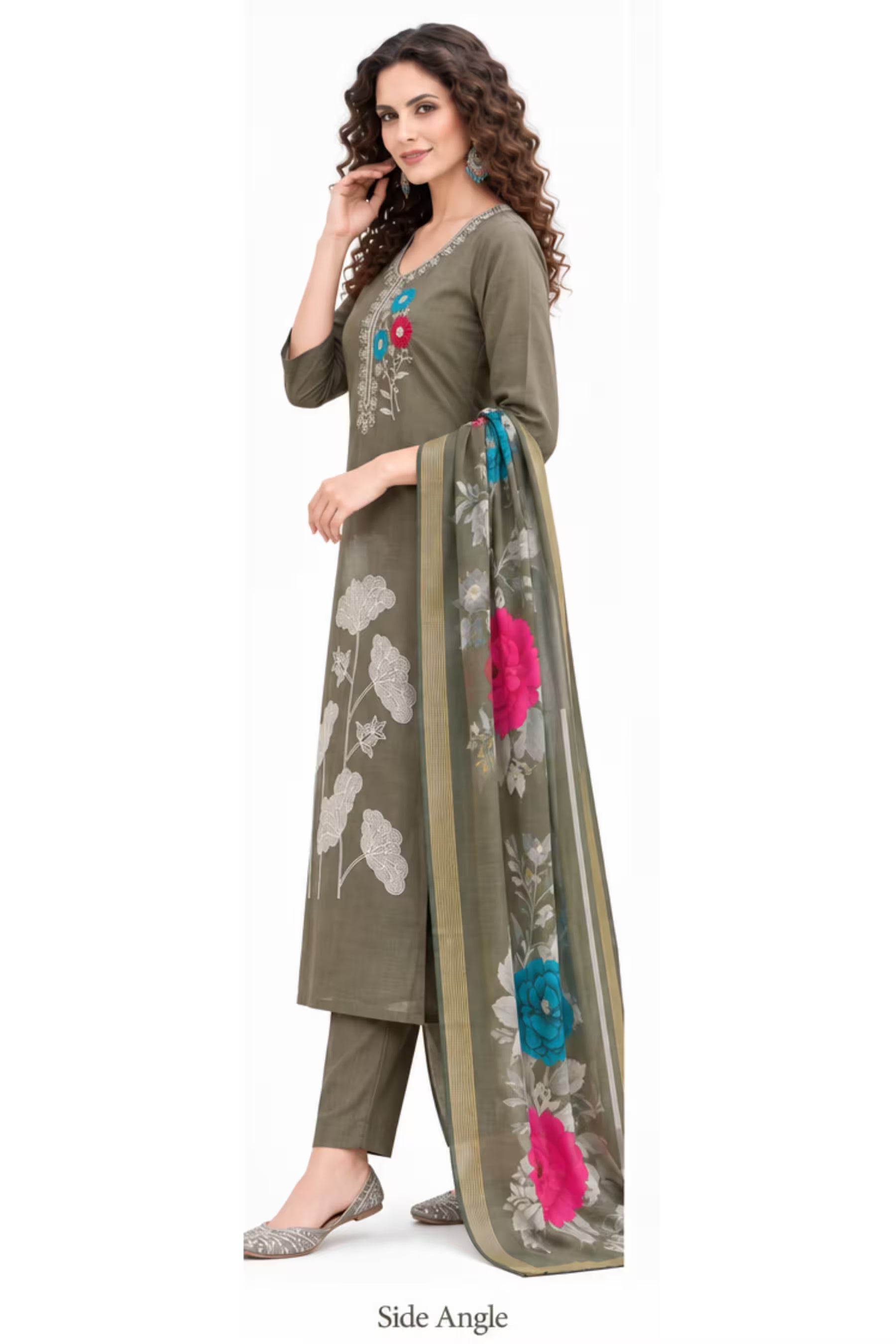 Mushroom Brown Embroidered Vertican Silk Kurta Pant Set with Digital Dupatta Secondary image